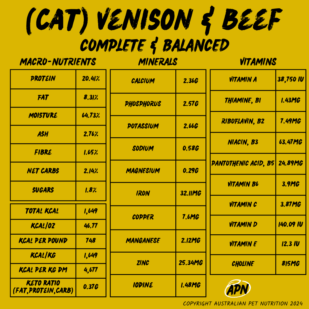 CAT- Venison & Beef Complete and Balanced - Nutritional Profile Essential vitamins for catsSustainable cat food blendsVet-recommended cat foodLow-allergy cat foodHigh-quality protein cat foodBalanced raw cat mealsOmega-rich cat food